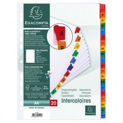 Intercalaire A4 alphabétique blanc + onglet couleur 20 positions
