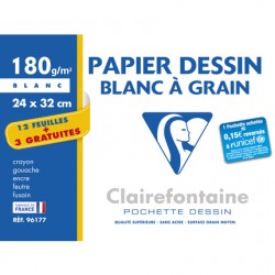 Papier dessin 24x32 180g blanc pochette 12 feuilles + 3 gratuites