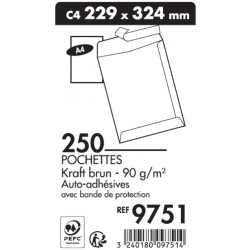 Pochette 229x324 kraft brun 90g auto-adhésive boîte couleur de 250