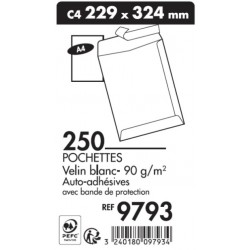 Pochette 229x324 Vélin blanc 90g auto-adhésive boîte couleur de 250