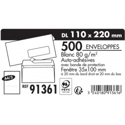 Enveloppe 110x220 blanc + fenêtre 35x100 auto-adhésive boîte couleur de 500