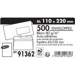 Enveloppe 110x220 blanc + fenêtre 45x100 auto-adhésive boîte couleur de 500
