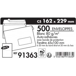 Enveloppe 162x229 blanc + fenêtre 45x100 auto-adhésive boîte couleur de 500