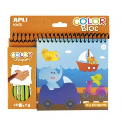Bloc coloriage Transports 45 pages + 5 craies grasses