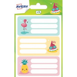 Etiquette écolier 34x76mm Flamant rose, pastèque, ananas pochette de 15