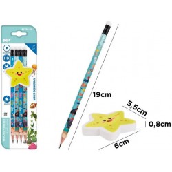 Blister 4 crayons HB décorés + 1 gomme géante Mer