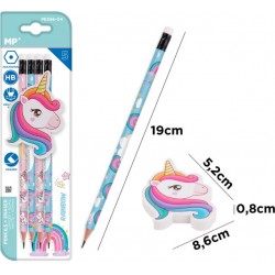 Blister 4 crayons HB décorés + 1 gomme géante Licorne