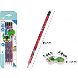 Blister 4 crayons HB décorés + 1 gomme géante Dinosaure