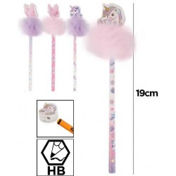 Crayon HB + pompon + gomme Papillon ou Licorne