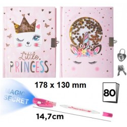 Journal intime 17,8x13cm 80 feuilles couverture rigide + cadenas Chat / Licorne + stylo magique