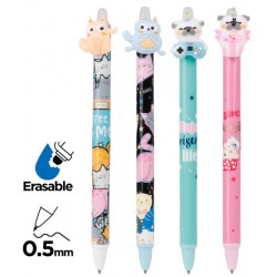 Stylo rétractable effaçable 0,5mm bleu Chat/Chien
